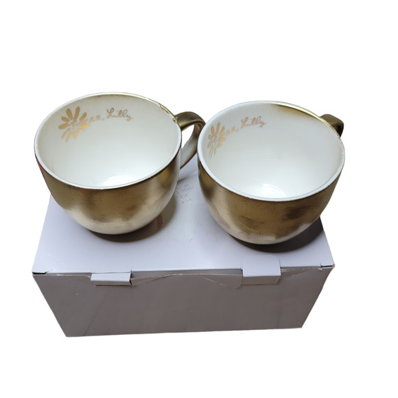 Lily Pulitzer Ceramic Mugs Set of 2 Gold Painted 12 oz - Picture 1 of 16